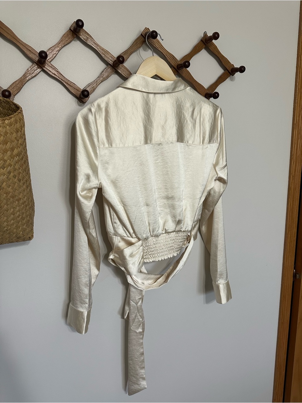 Express Cream Satin Tie Front Banded Bottom Portofino Blouse - Picture 4 of 6